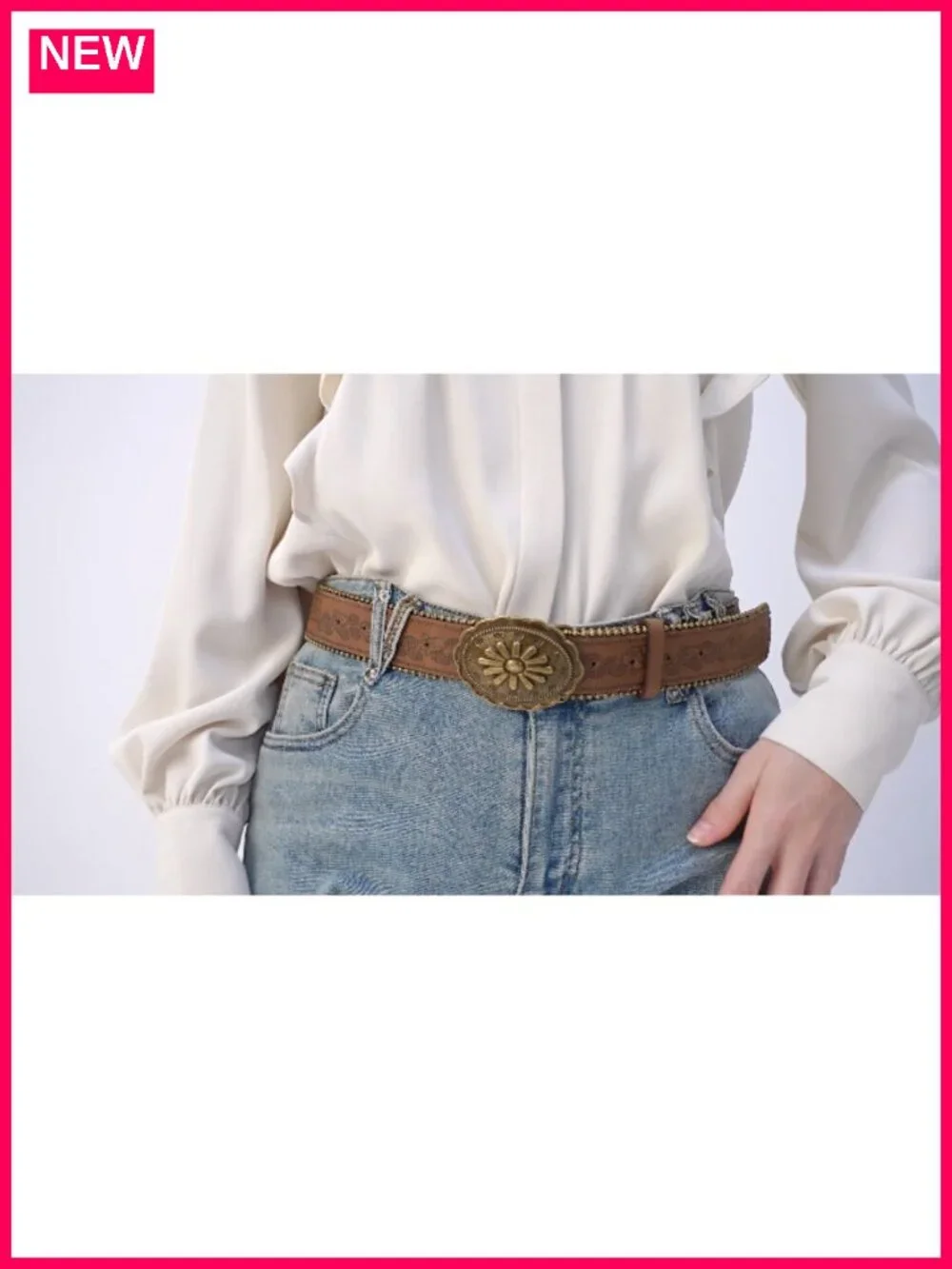 Western Belt for Women Cowgirl Floral Embossed PU Leather Vintage Buckle